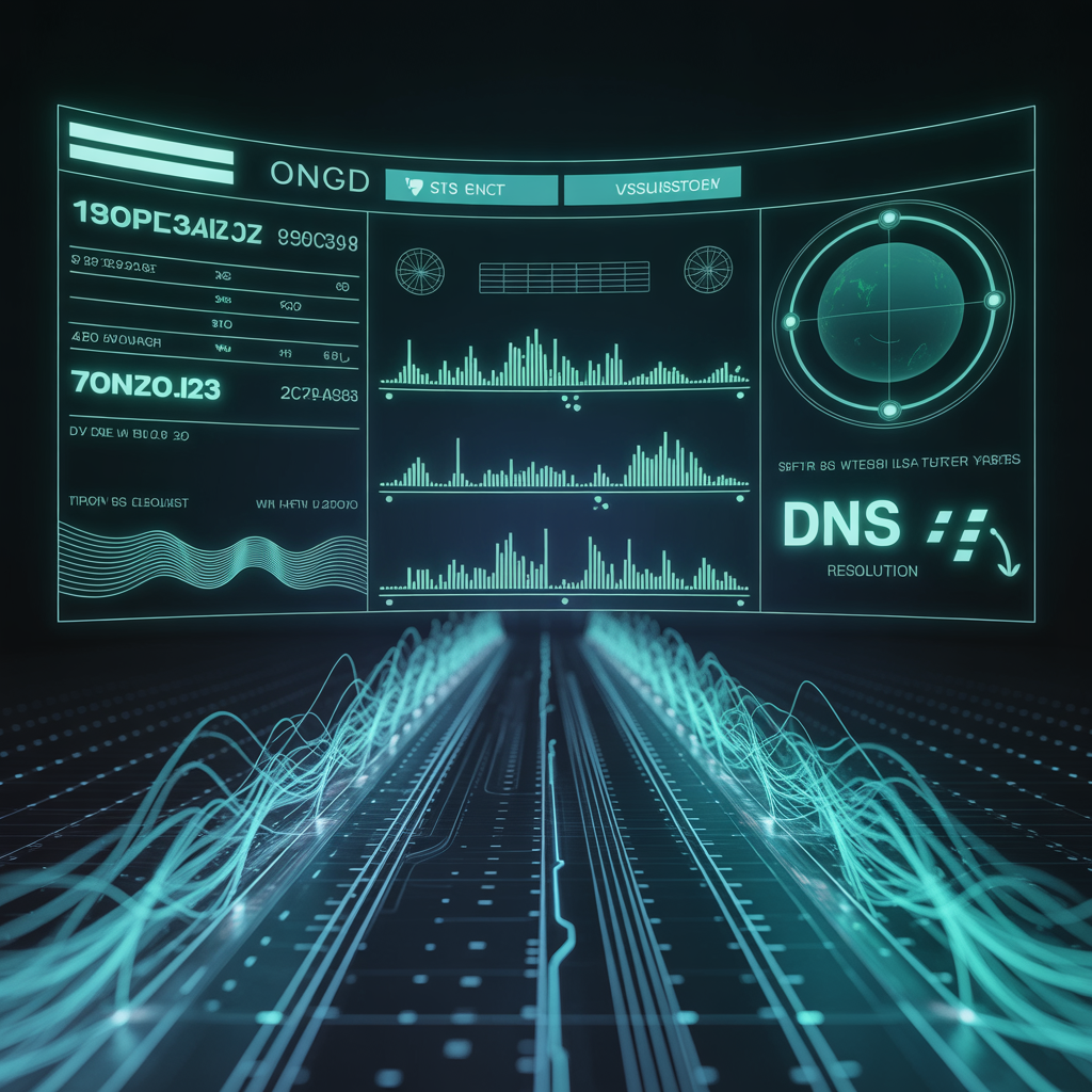 A futuristic heads up display showing server diagnostics, network latency graphs, and DNS resolution paths with glowing cyan and blue lines, high tech abstract visualization, no people
